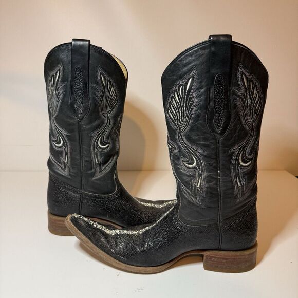 Mens Black Cowboy Boots Stingray Imitaition Leather Pointed Toe Sz 6 Arango Boot - Picture 9 of 12